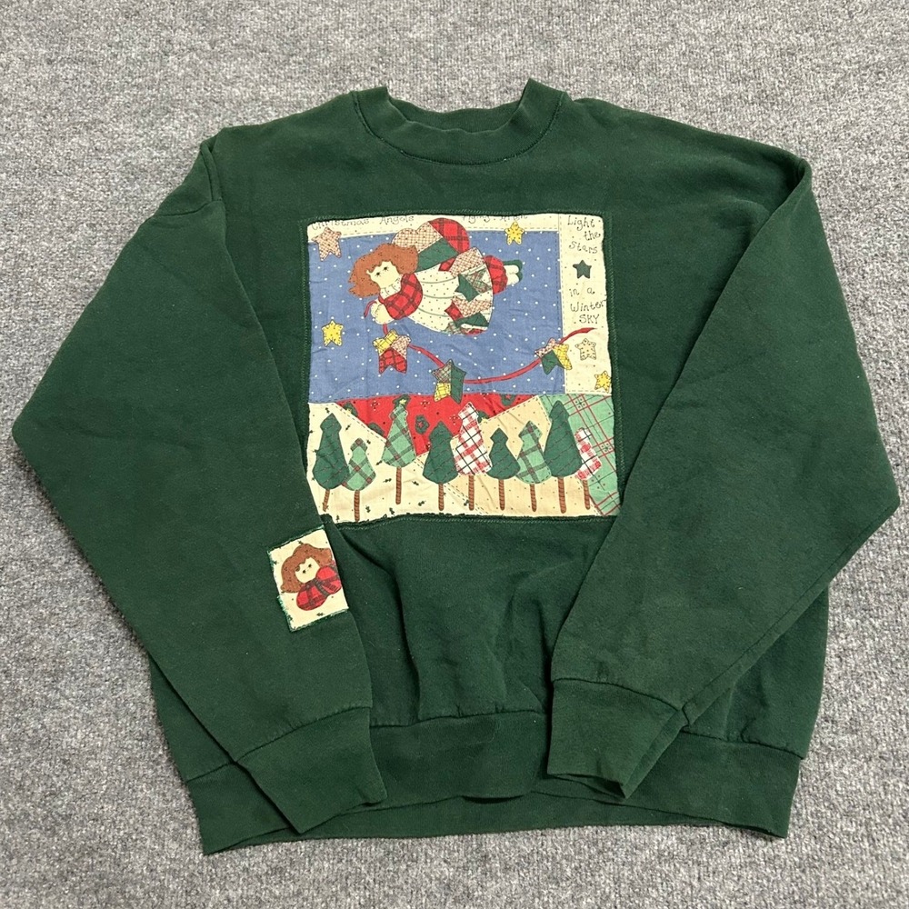 Fruit of the Loom Sweatshirt Womens XL Green Christmas Angels Patchwork USA Made